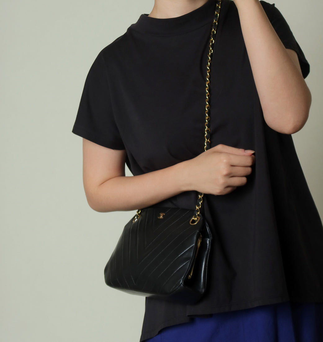 Chanel Vintage Black Lambskin Chevron Quilted CC mark Kiss Lock Bag