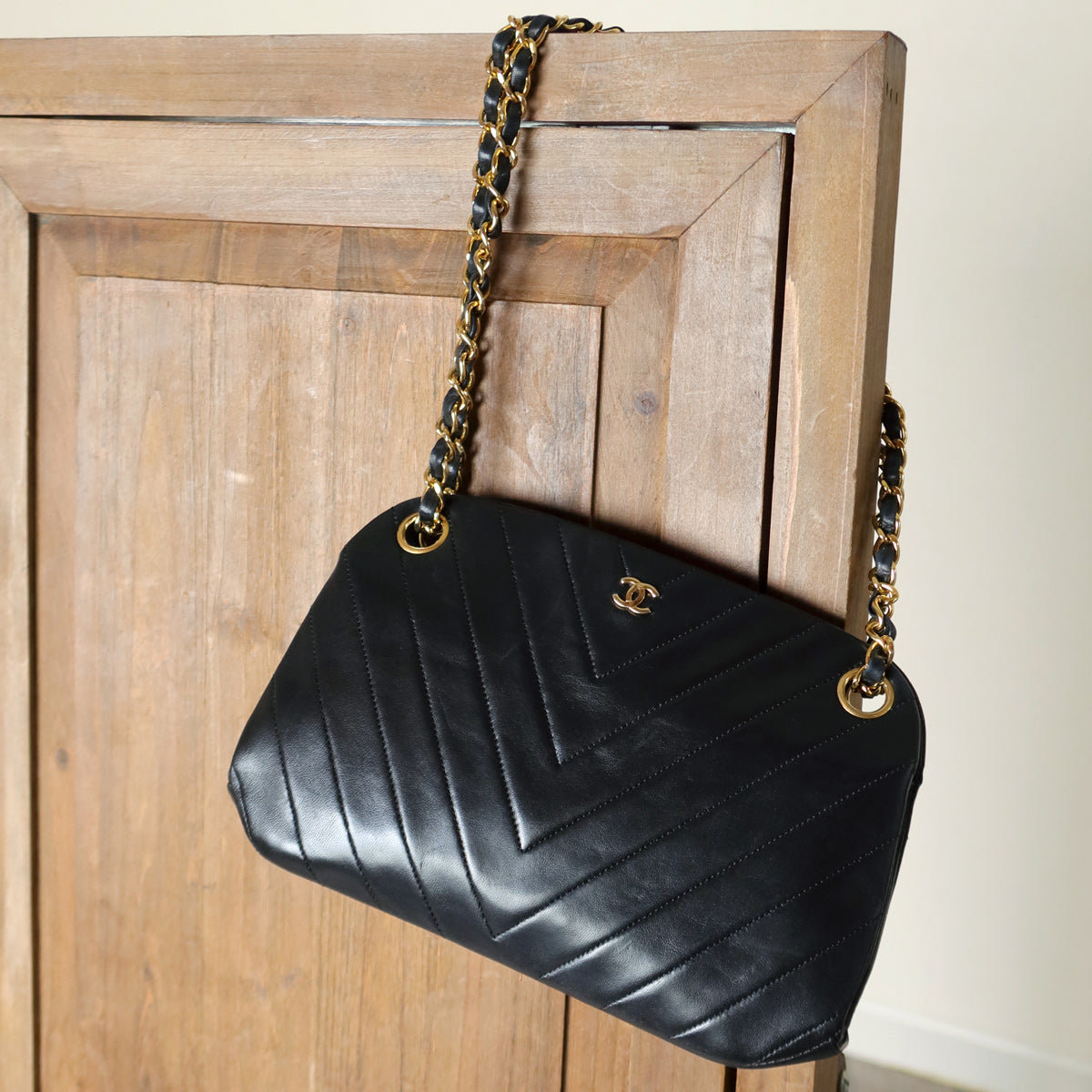 Chanel Vintage Black Lambskin Chevron Quilted CC mark Kiss Lock Bag