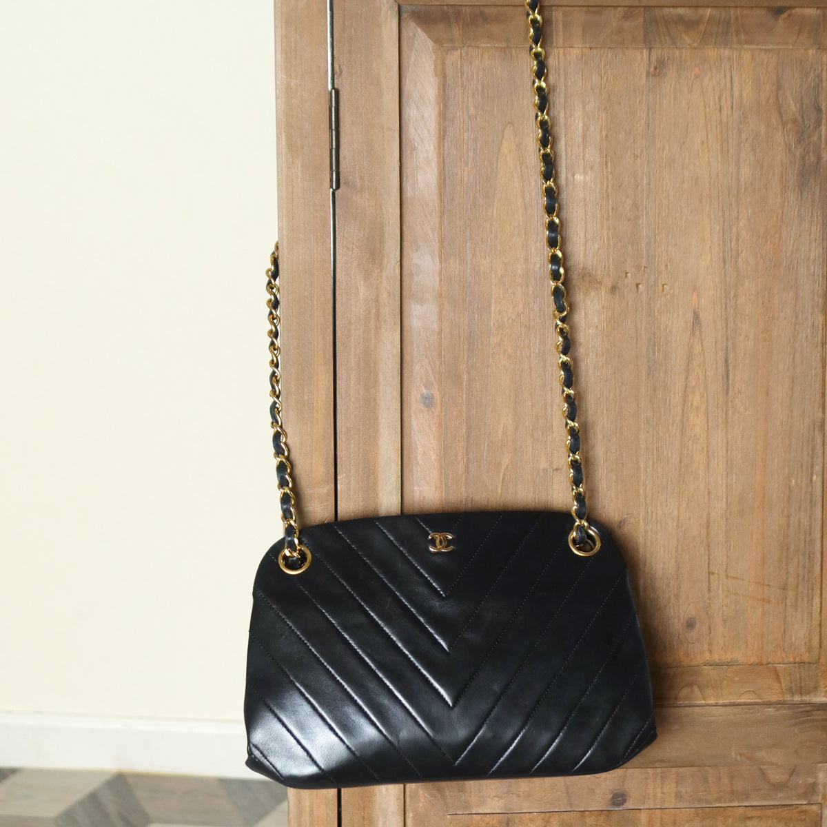 Chanel Vintage Black Lambskin Chevron Quilted CC mark Kiss Lock Bag