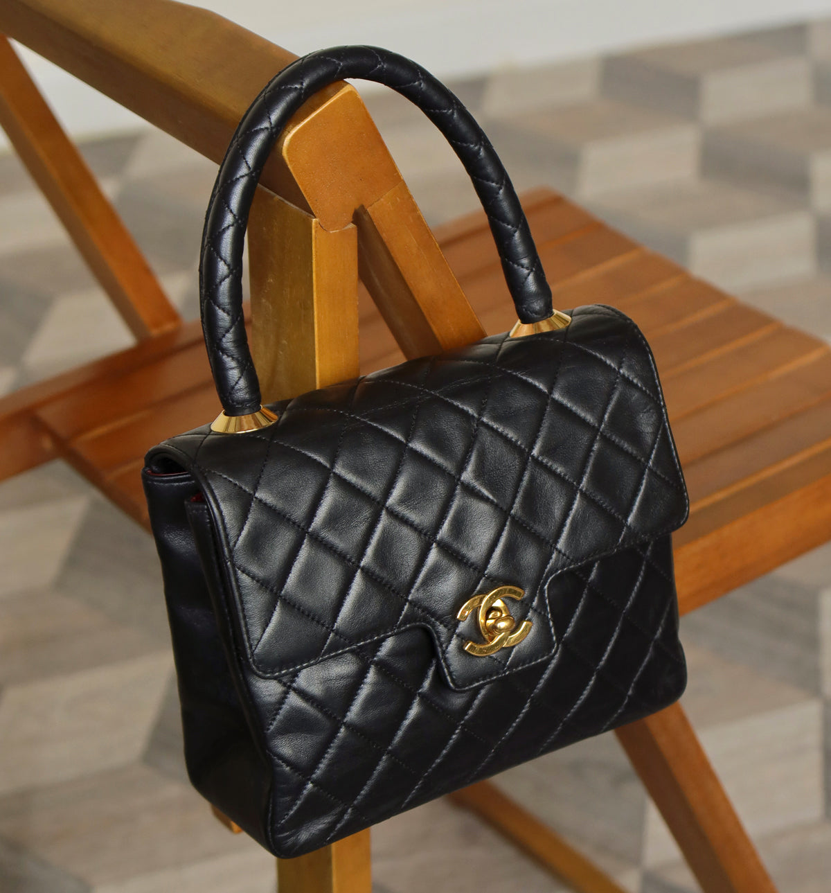 Vintage Chanel Black Lambskin Matelassé CC Turn lock Classic Mini Kelly Bag