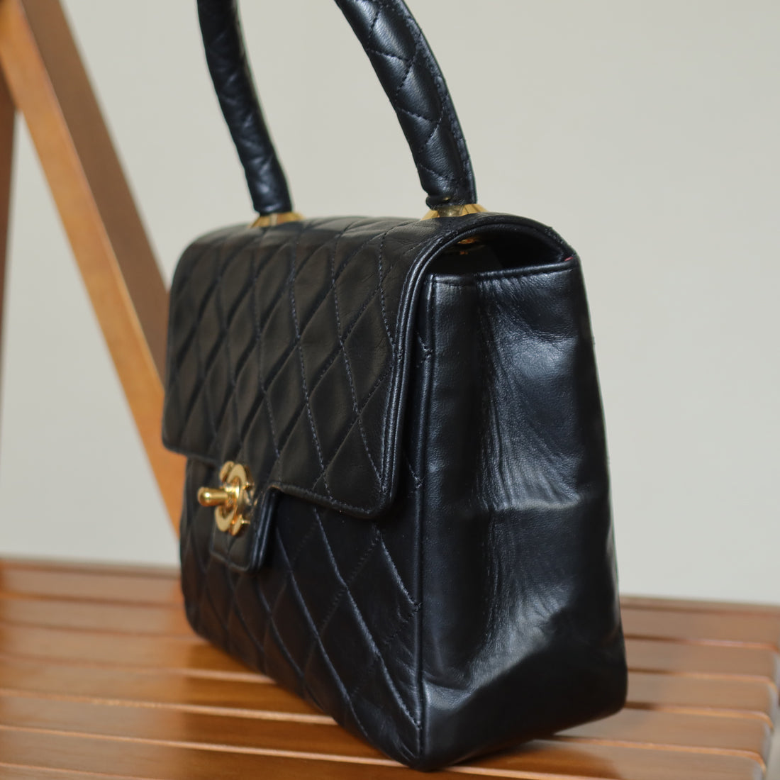 Vintage Chanel Black Lambskin Matelassé CC Turn lock Classic Mini Kelly Bag