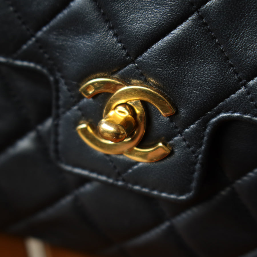 Vintage Chanel Black Lambskin Matelassé CC Turn lock Classic Mini Kelly Bag