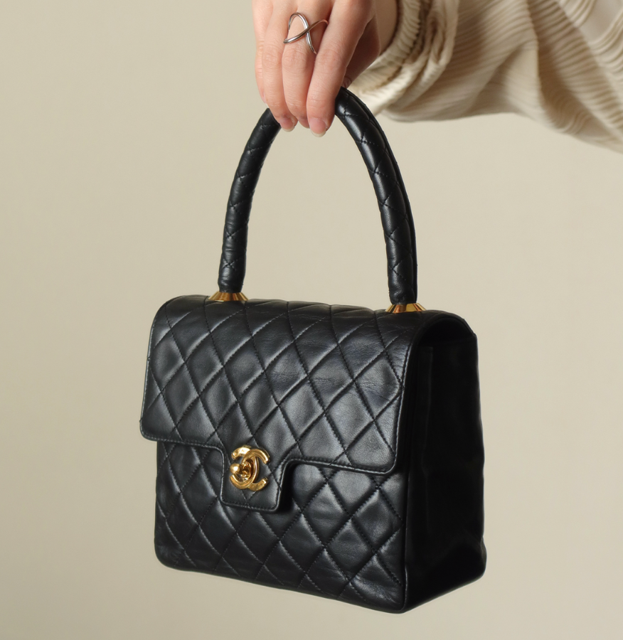 Vintage Chanel Black Lambskin Matelassé CC Turn lock Classic Mini Kelly Bag