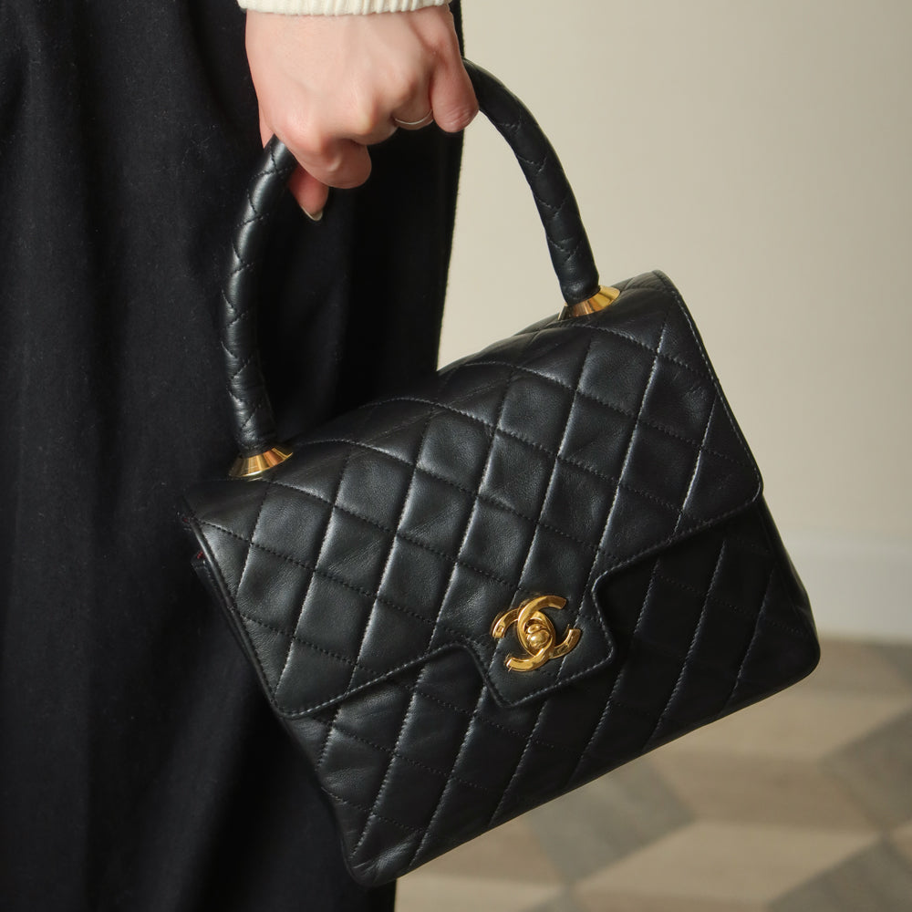 Vintage Chanel Black Lambskin Matelassé CC Turn lock Classic Mini Kelly Bag