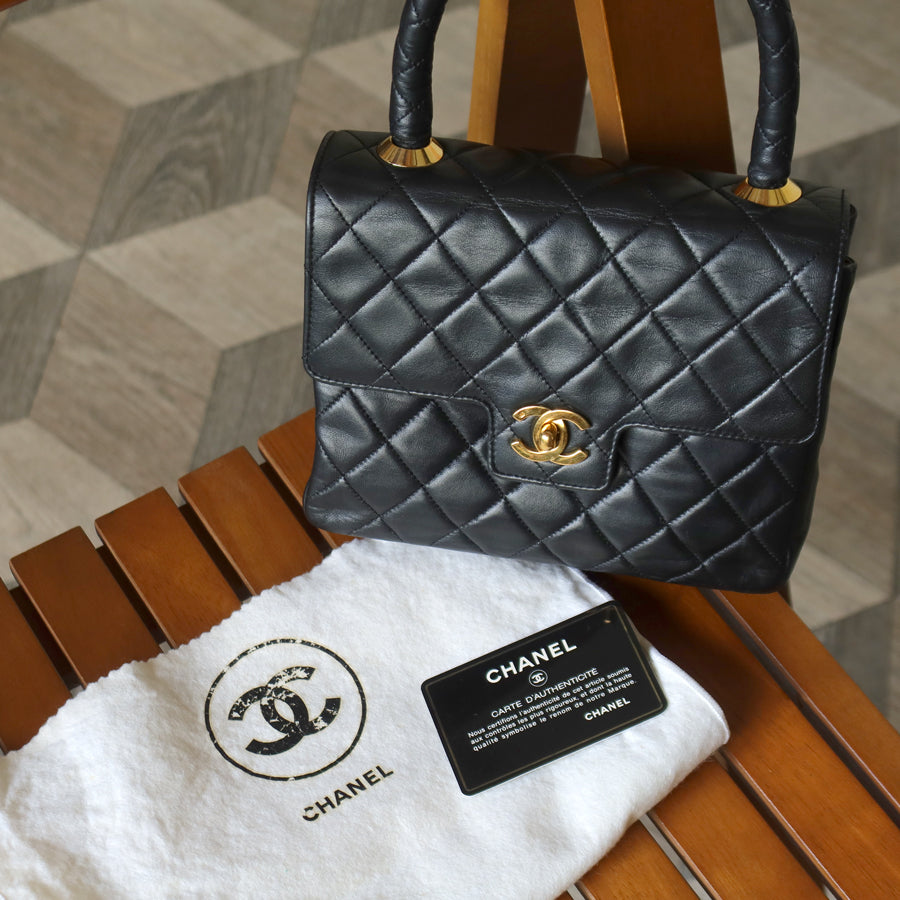 Vintage Chanel Black Lambskin Matelassé CC Turn lock Classic Mini Kelly Bag