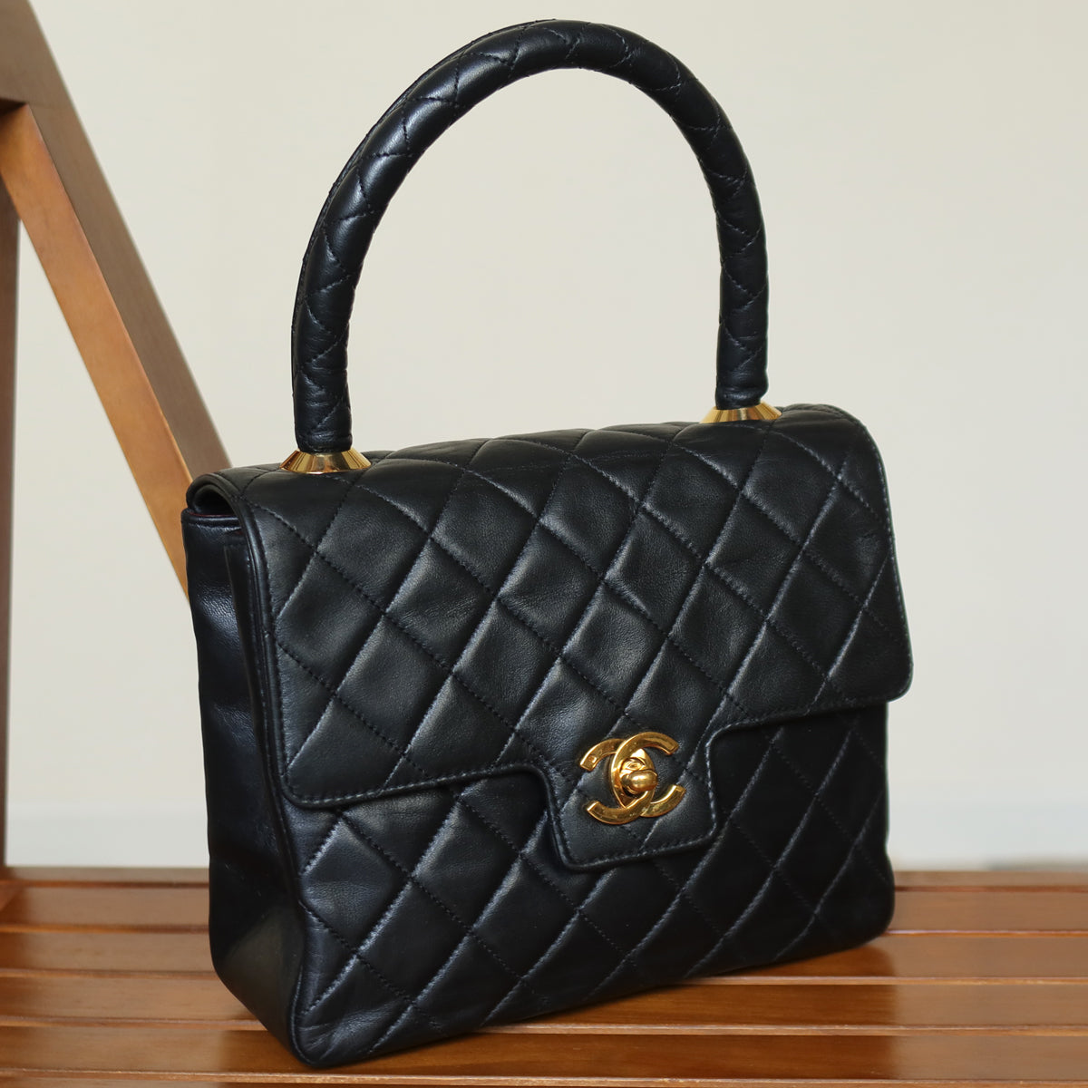 Vintage Chanel Black Lambskin Matelassé CC Turn lock Classic Mini Kelly Bag