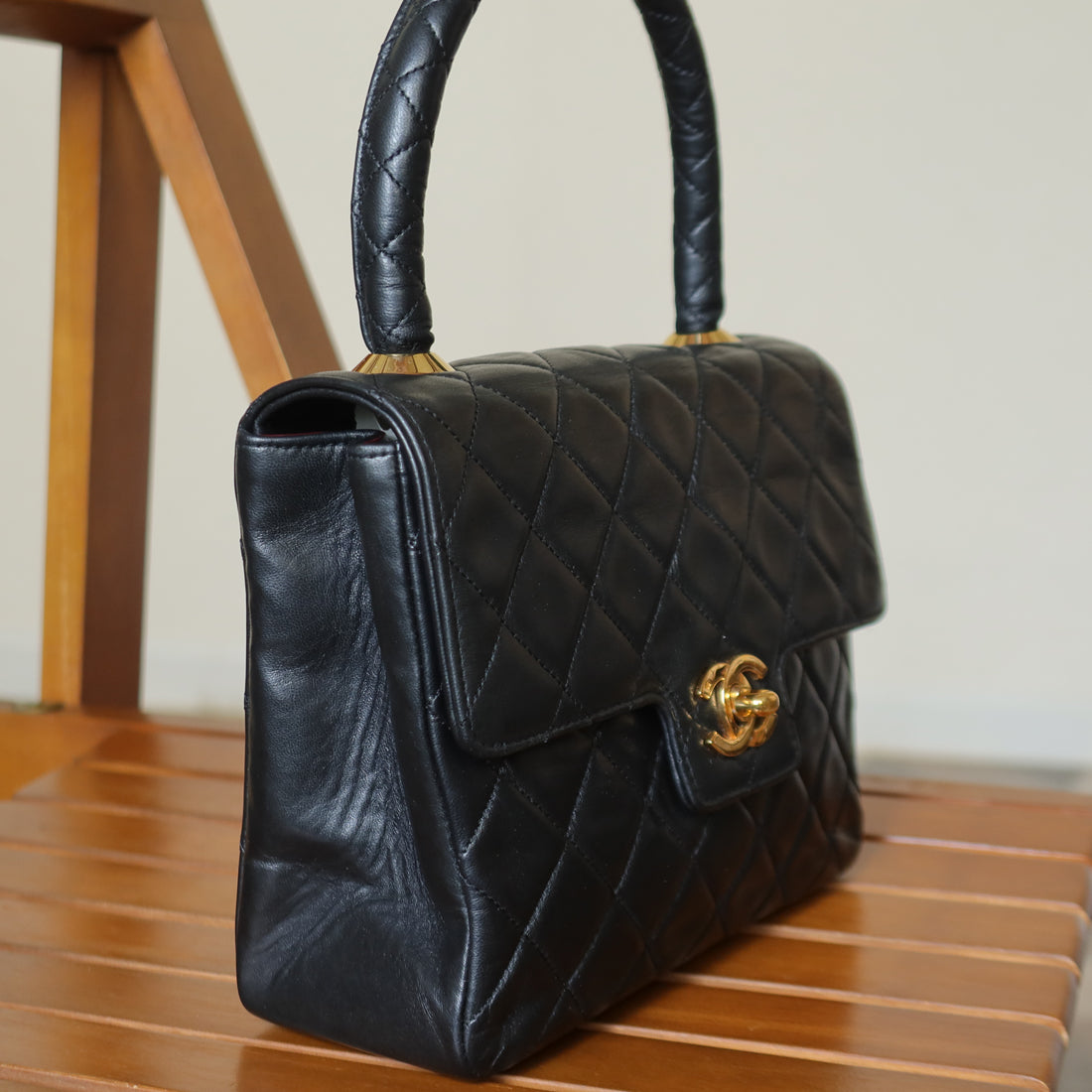 Vintage Chanel Black Lambskin Matelassé CC Turn lock Classic Mini Kelly Bag