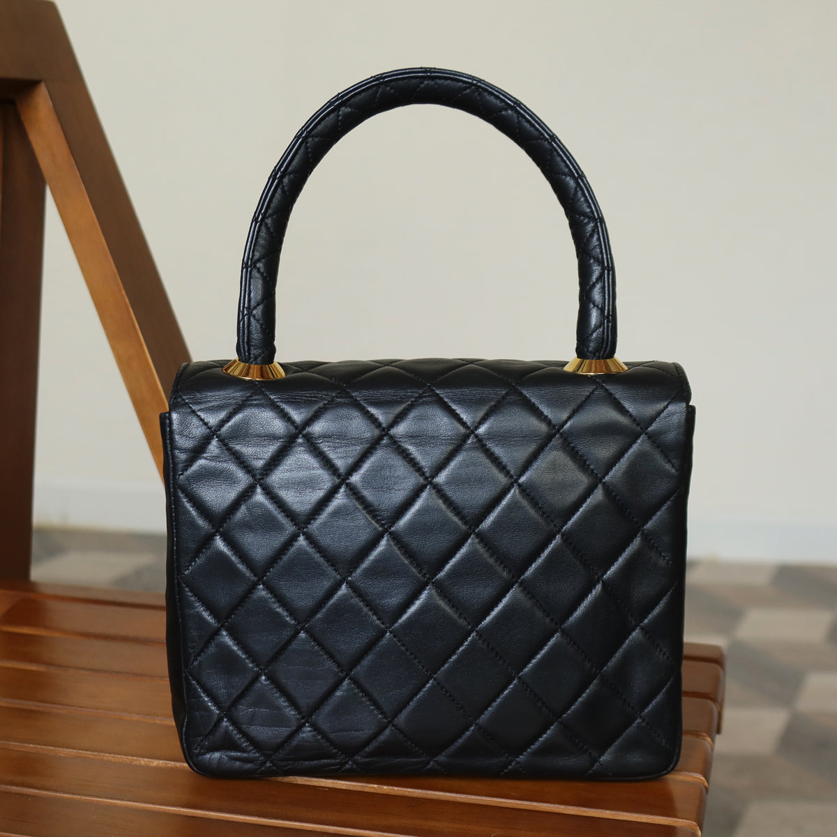 Vintage Chanel Black Lambskin Matelassé CC Turn lock Classic Mini Kelly Bag