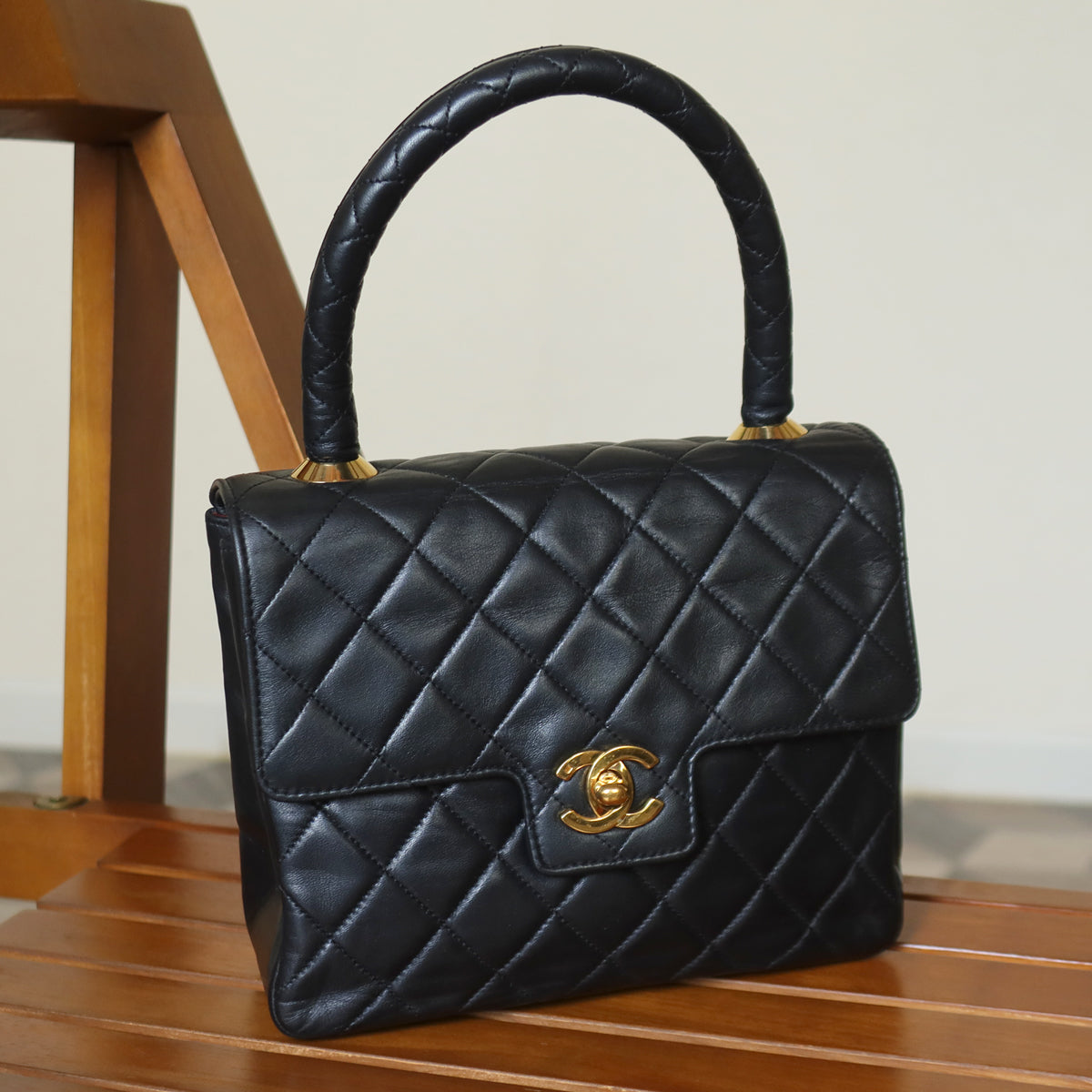 Vintage Chanel Black Lambskin Matelassé CC Turn lock Classic Mini Kelly Bag
