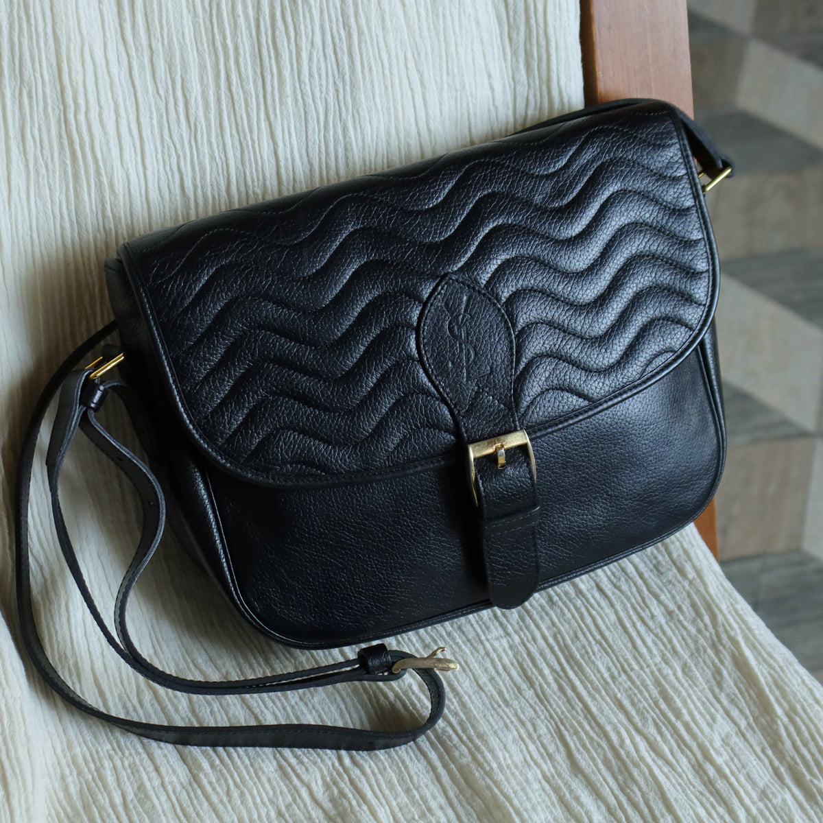 Yves Saint Laurent YSL Vintage Black Leather Wave Stitching Shoulder Flap Bag