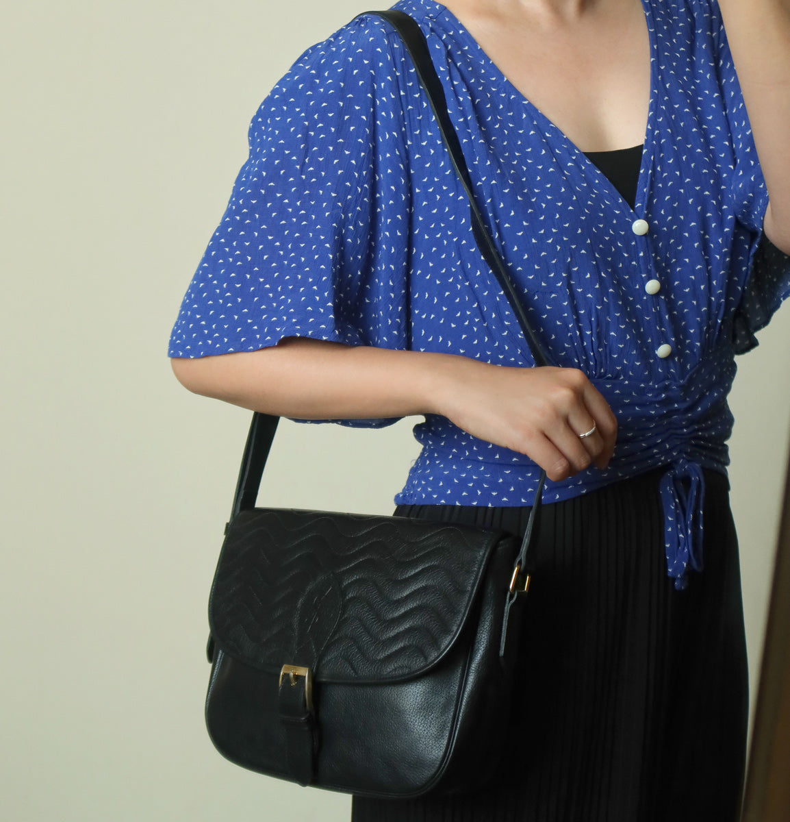 Yves Saint Laurent YSL Vintage Black Leather Wave Stitching Shoulder Flap Bag