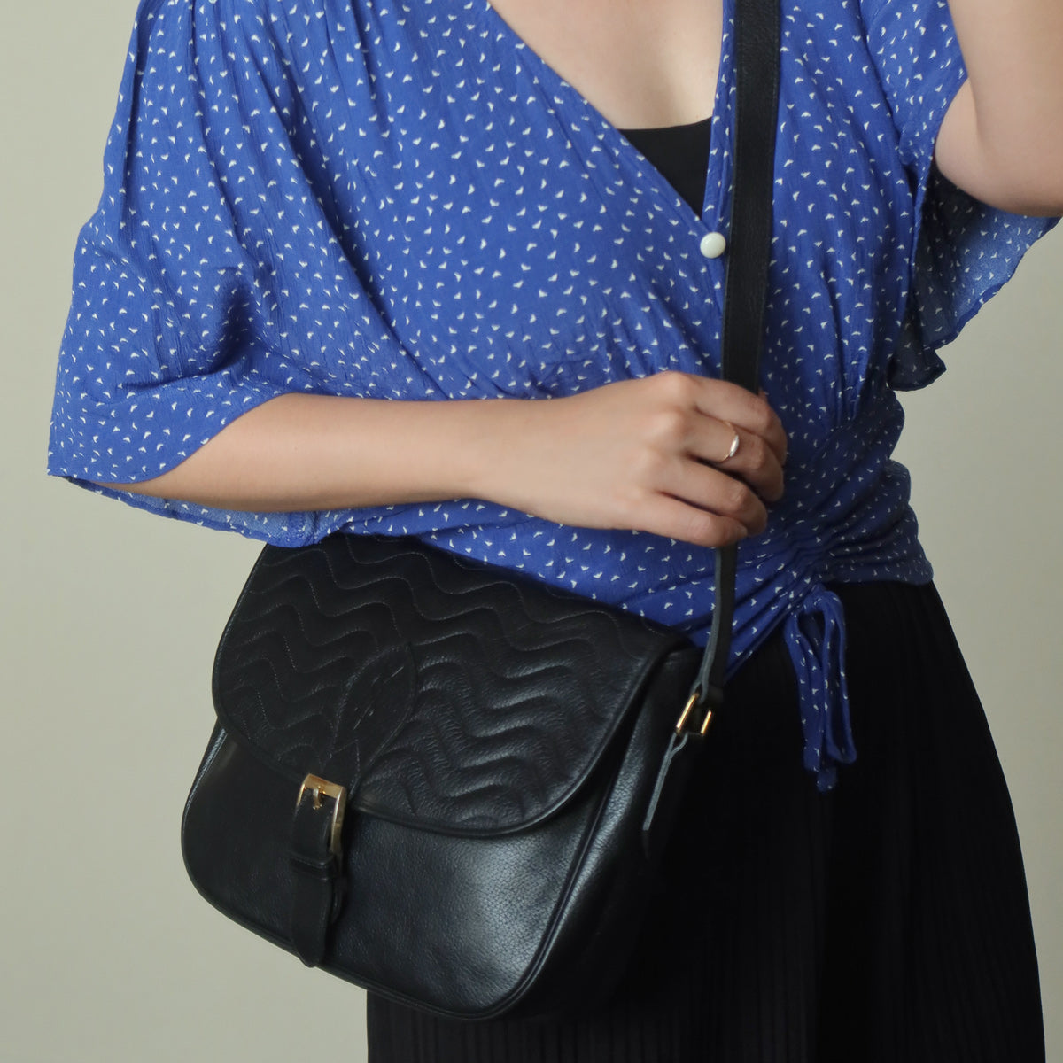 Yves Saint Laurent YSL Vintage Black Leather Wave Stitching Shoulder Flap Bag