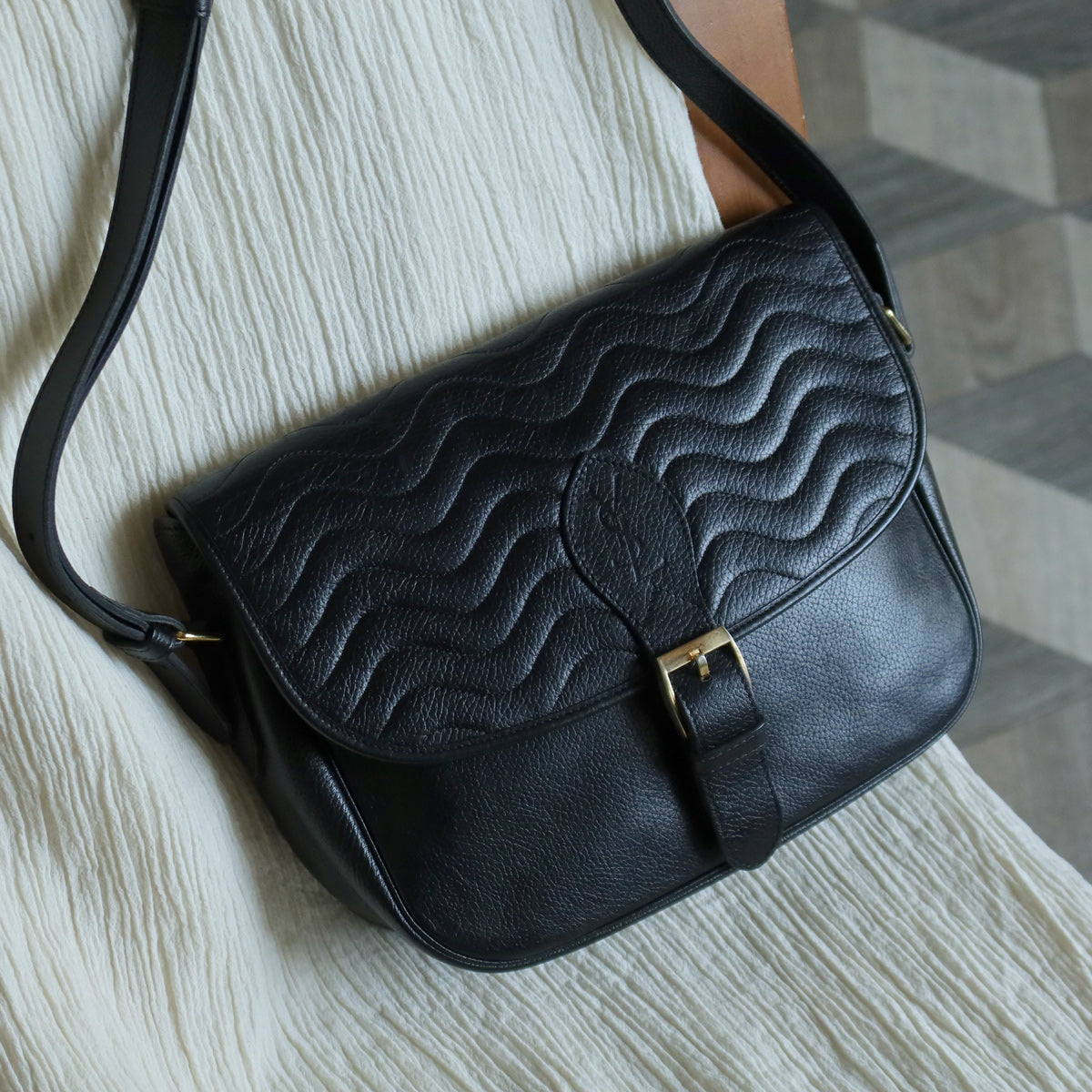 Yves Saint Laurent YSL Vintage Black Leather Wave Stitching Shoulder Flap Bag