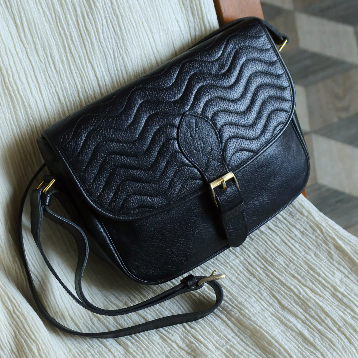 Yves Saint Laurent YSL Vintage Black Leather Wave Stitching Shoulder Flap Bag