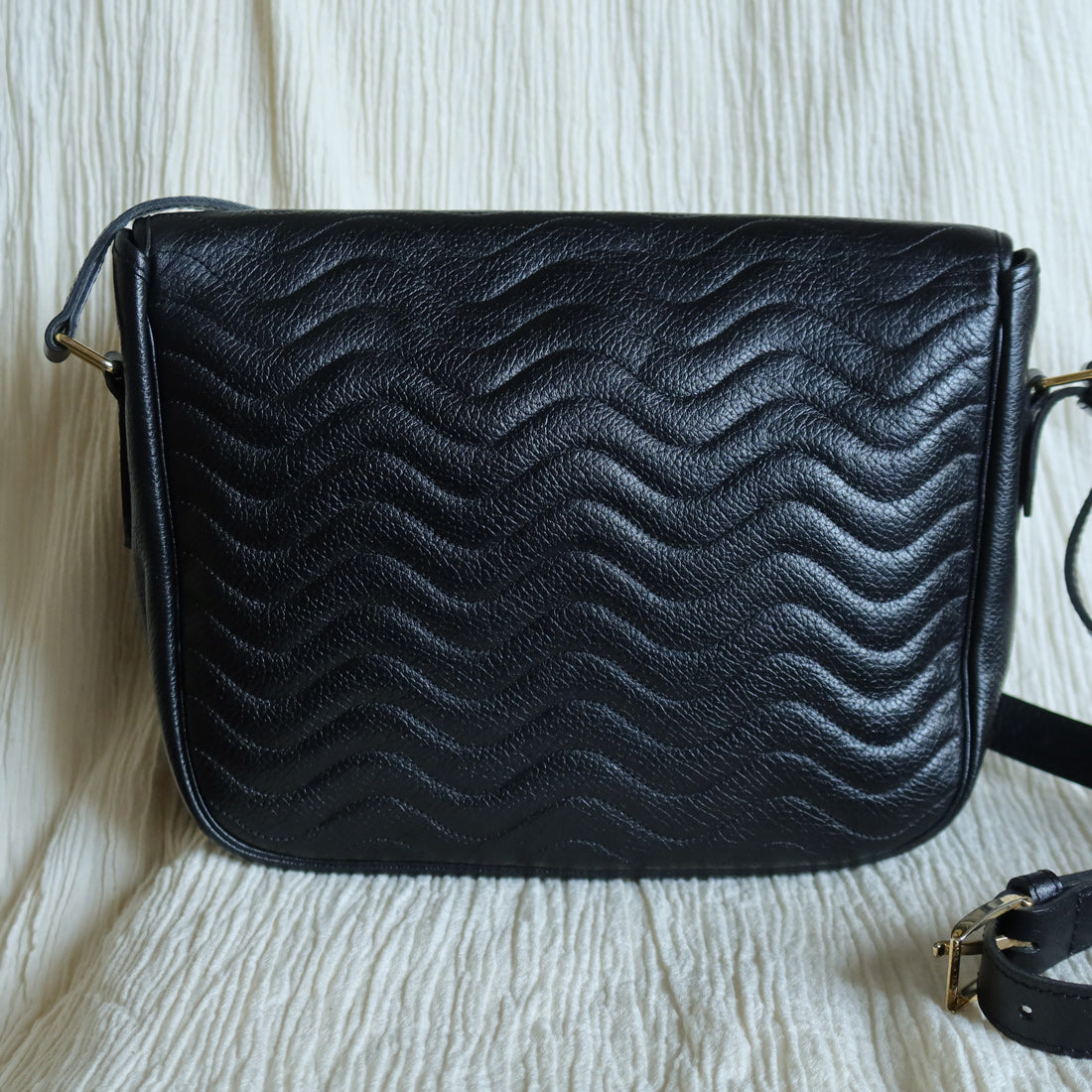 Yves Saint Laurent YSL Vintage Black Leather Wave Stitching Shoulder Flap Bag