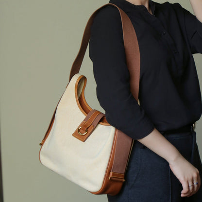 Hermès Vintage '80s Brown Leather Beige Toile Tsako Shoulder Bag