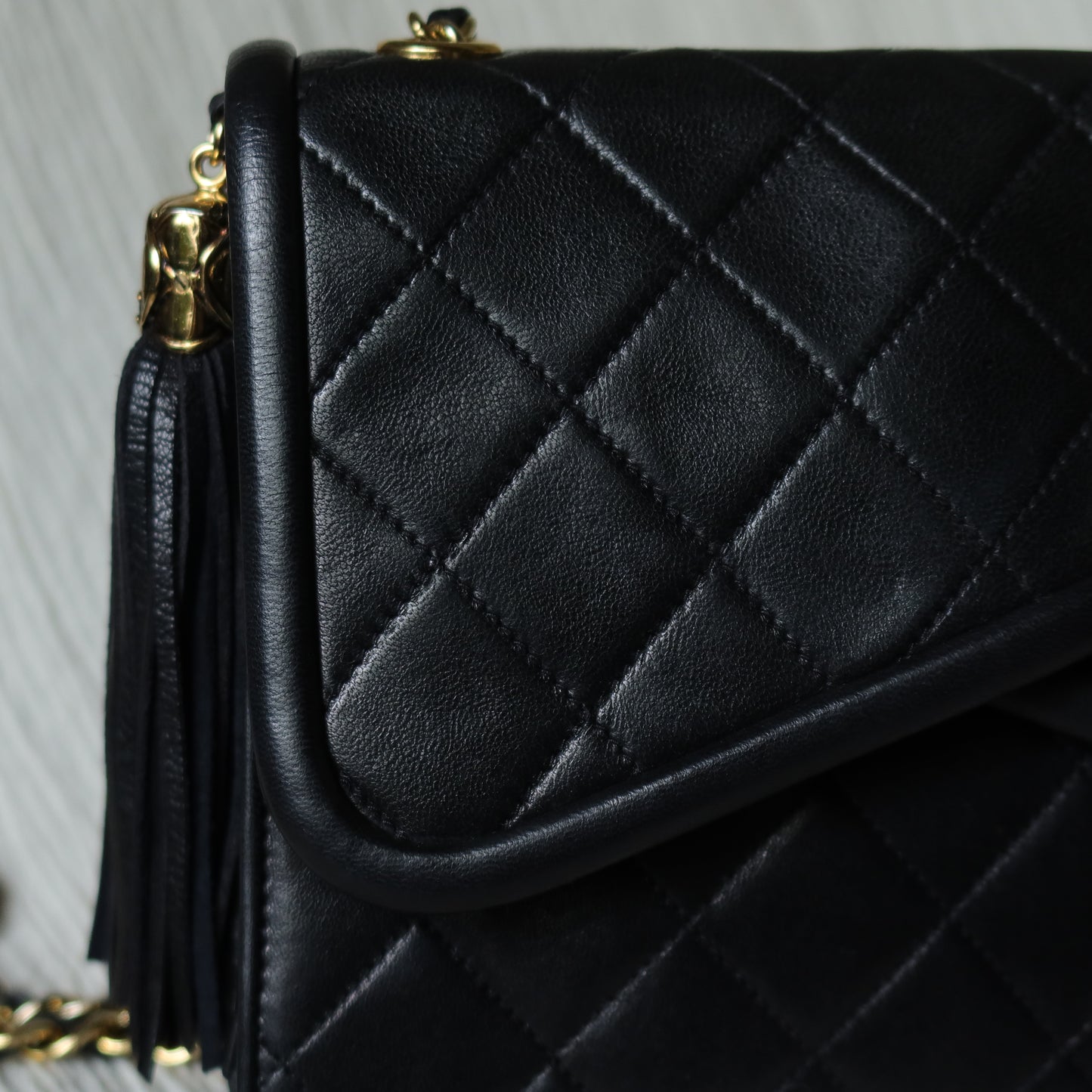 Chanel Vintage Black Lambskin Tassel Asymmetrical Double Flap Bag S