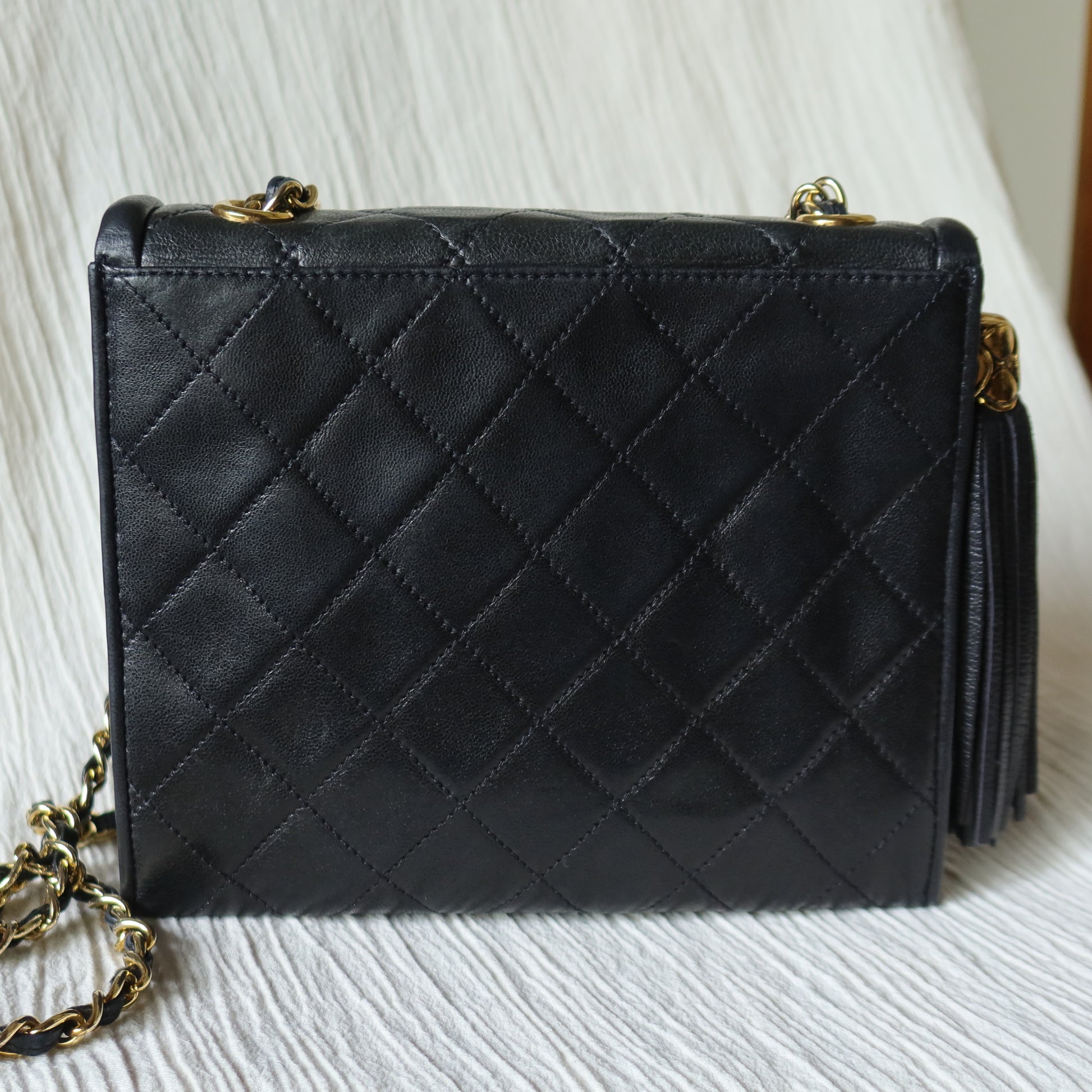 Chanel Vintage Black Lambskin Tassel Asymmetrical Double Flap Bag S