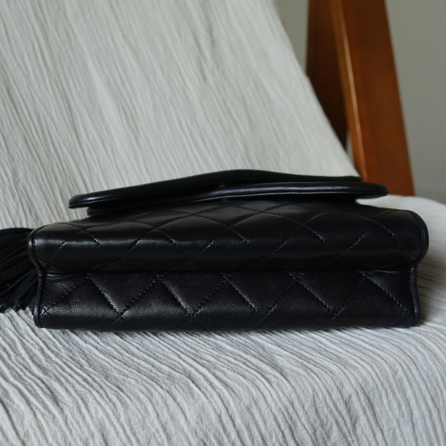 Chanel Vintage Black Lambskin Tassel Asymmetrical Double Flap Bag S