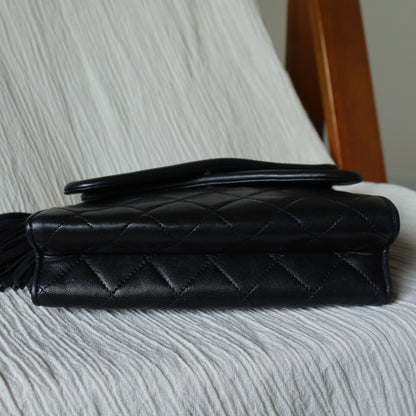 Chanel Vintage Black Lambskin Tassel Asymmetrical Double Flap Bag S
