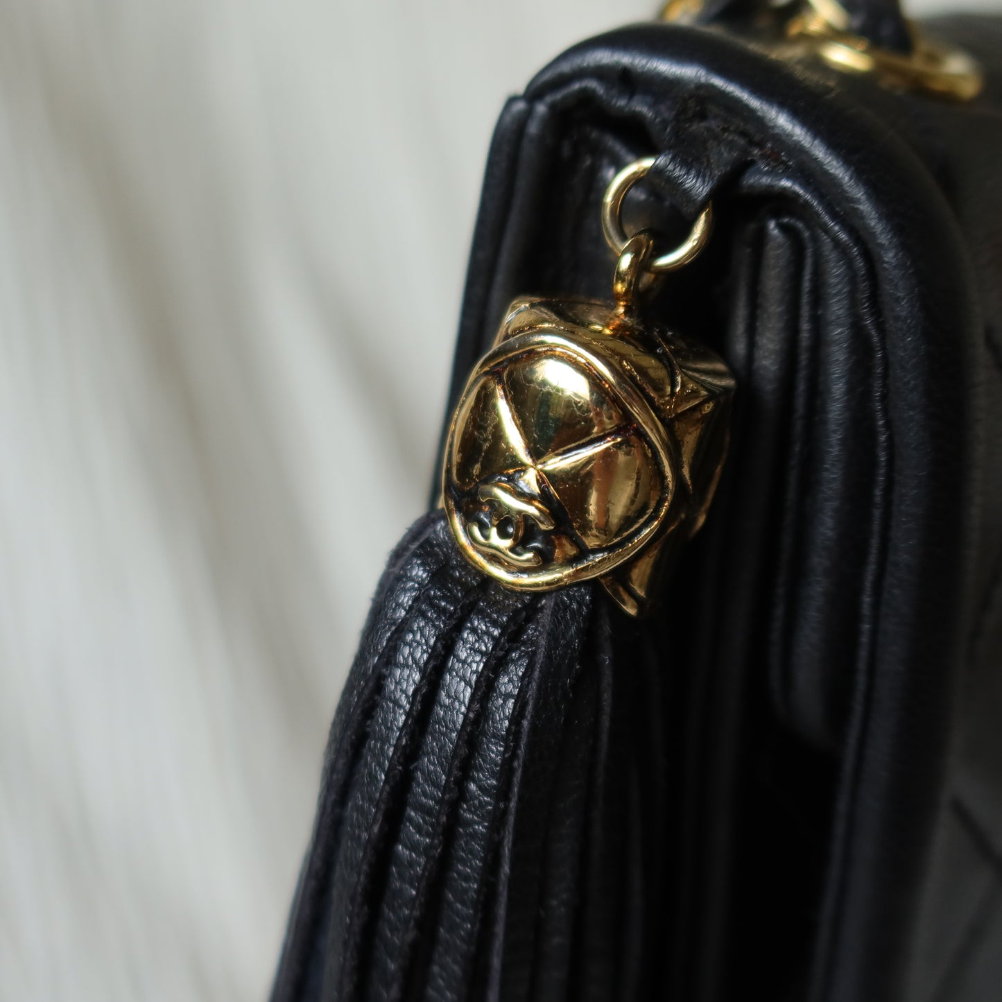 Chanel Vintage Black Lambskin Tassel Asymmetrical Double Flap Bag S