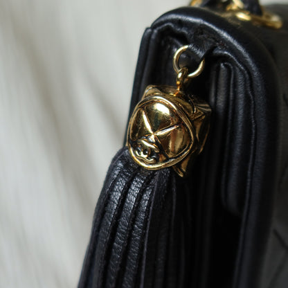 Chanel Vintage Black Lambskin Tassel Asymmetrical Double Flap Bag S