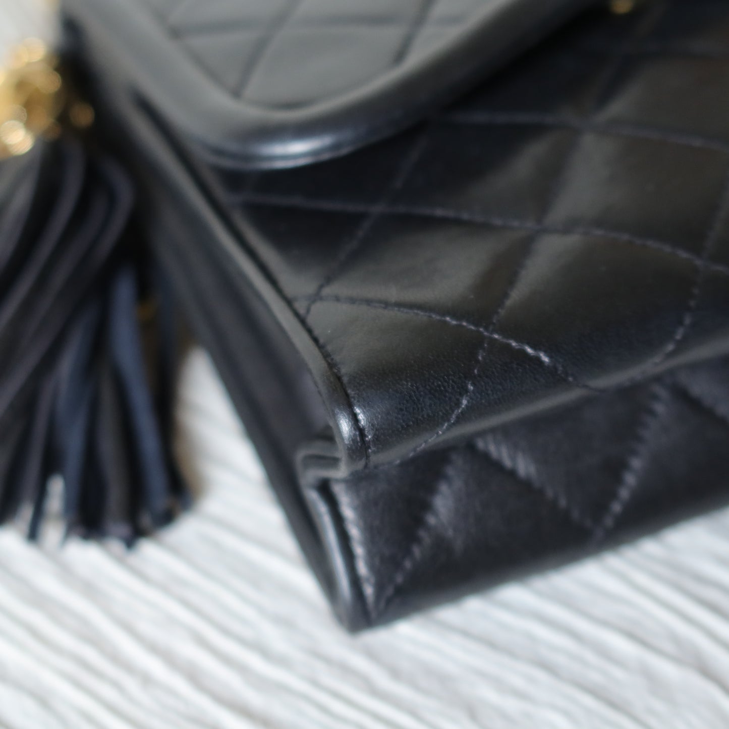 Chanel Vintage Black Lambskin Tassel Asymmetrical Double Flap Bag S
