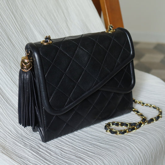 Chanel Vintage Black Lambskin Tassel Asymmetrical Double Flap Bag S