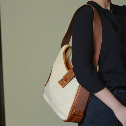 Hermès Vintage '80s Brown Leather Beige Toile Tsako Shoulder Bag