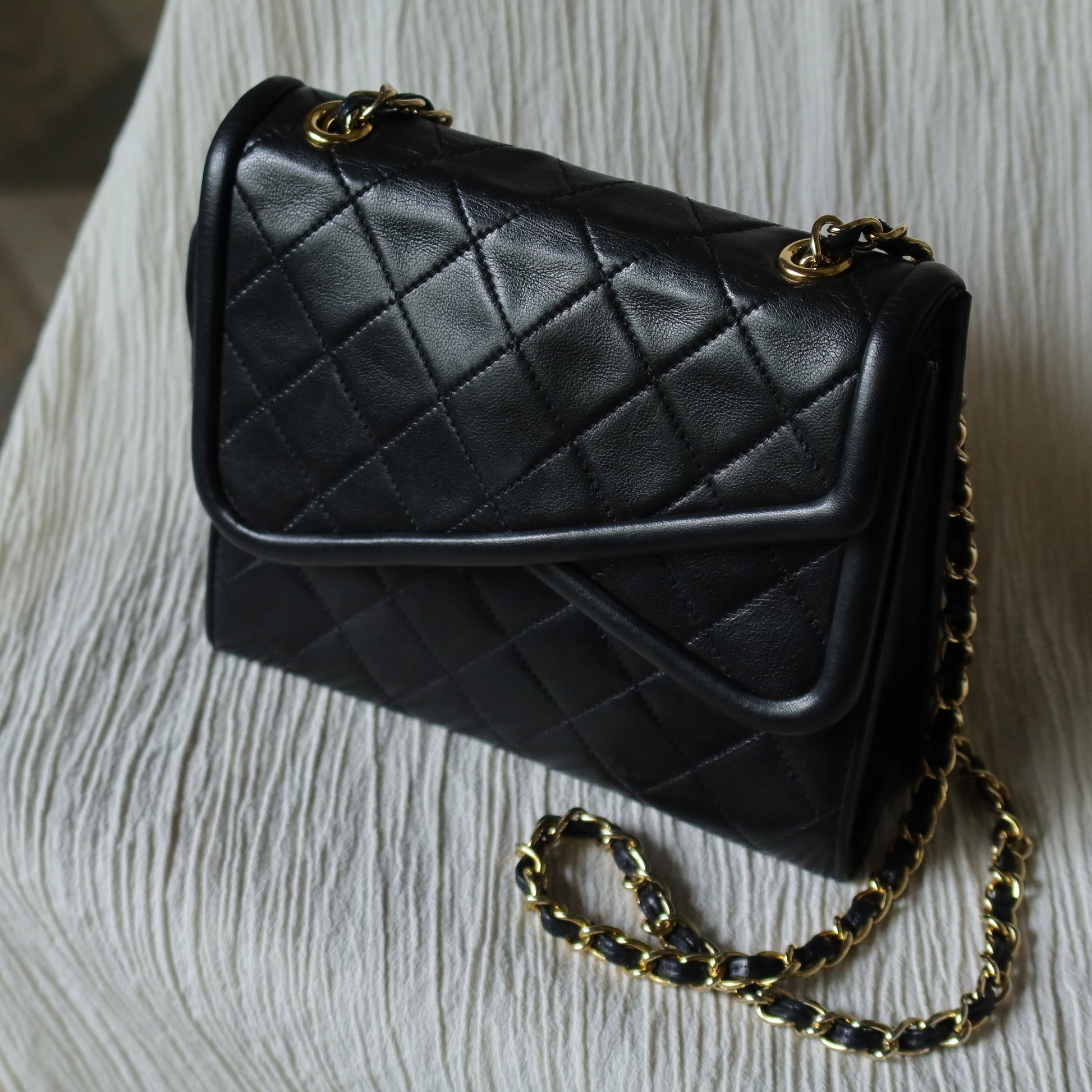 Chanel Vintage Black Lambskin Tassel Asymmetrical Double Flap Bag S