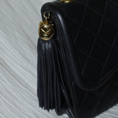 Chanel Vintage Black Lambskin Tassel Asymmetrical Double Flap Bag S