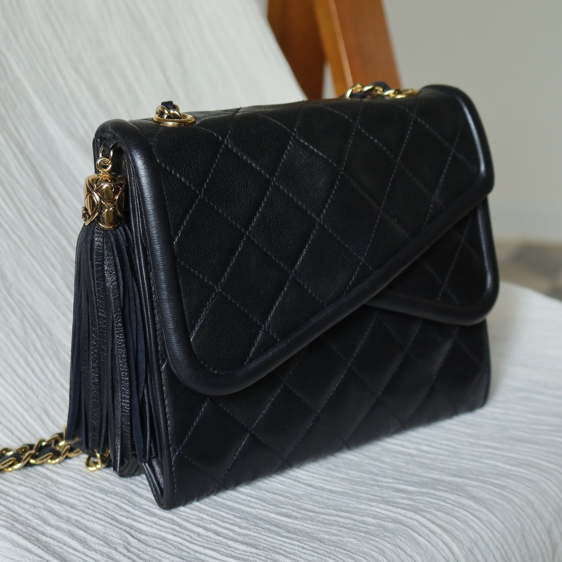 Chanel Vintage Black Lambskin Tassel Asymmetrical Double Flap Bag S