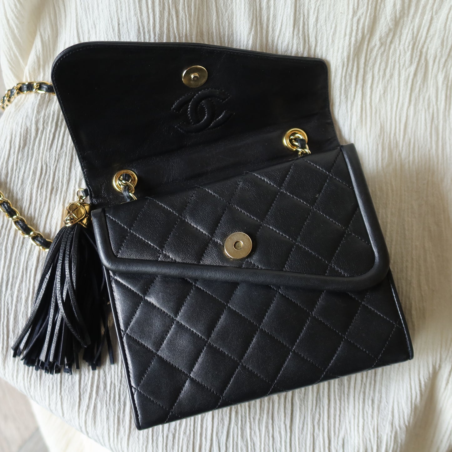 Chanel Vintage Black Lambskin Tassel Asymmetrical Double Flap Bag S