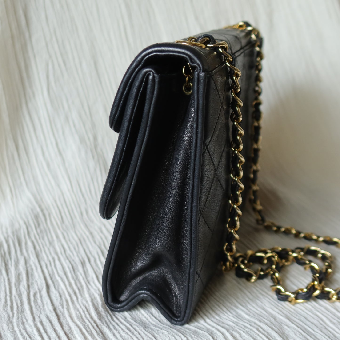 Chanel Vintage Black Lambskin Tassel Asymmetrical Double Flap Bag S