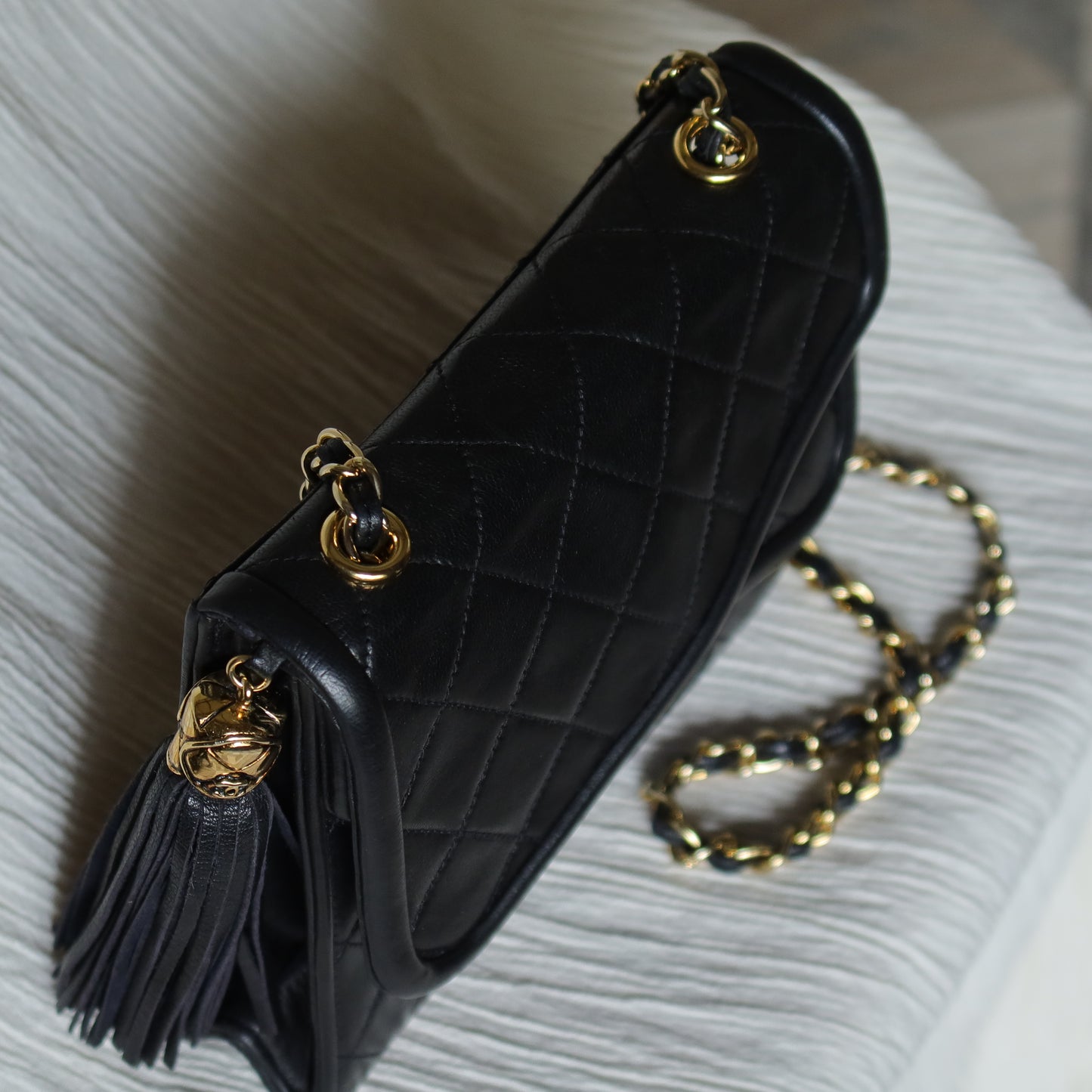 Chanel Vintage Black Lambskin Tassel Asymmetrical Double Flap Bag S