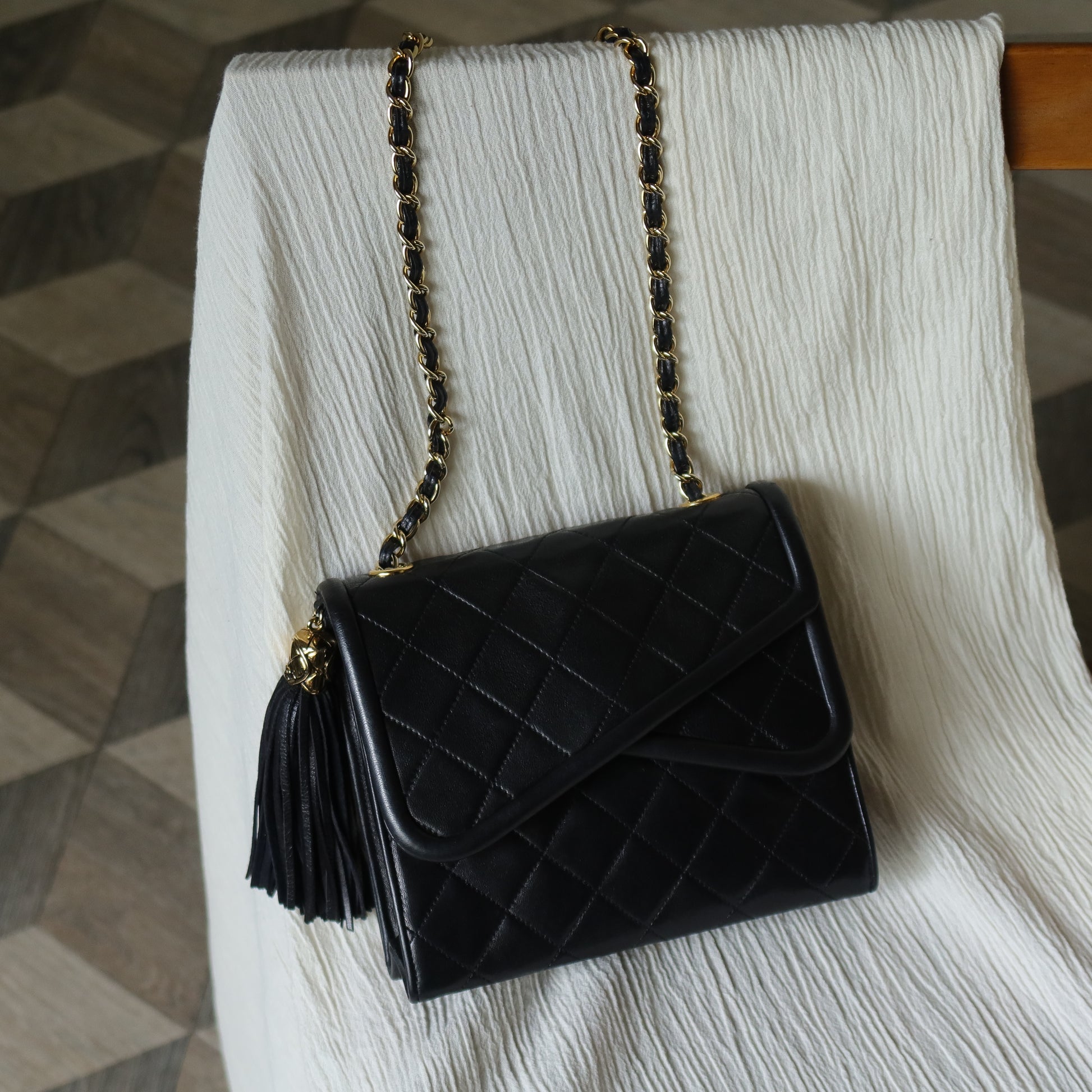 Chanel Vintage Black Lambskin Tassel Asymmetrical Double Flap Bag S