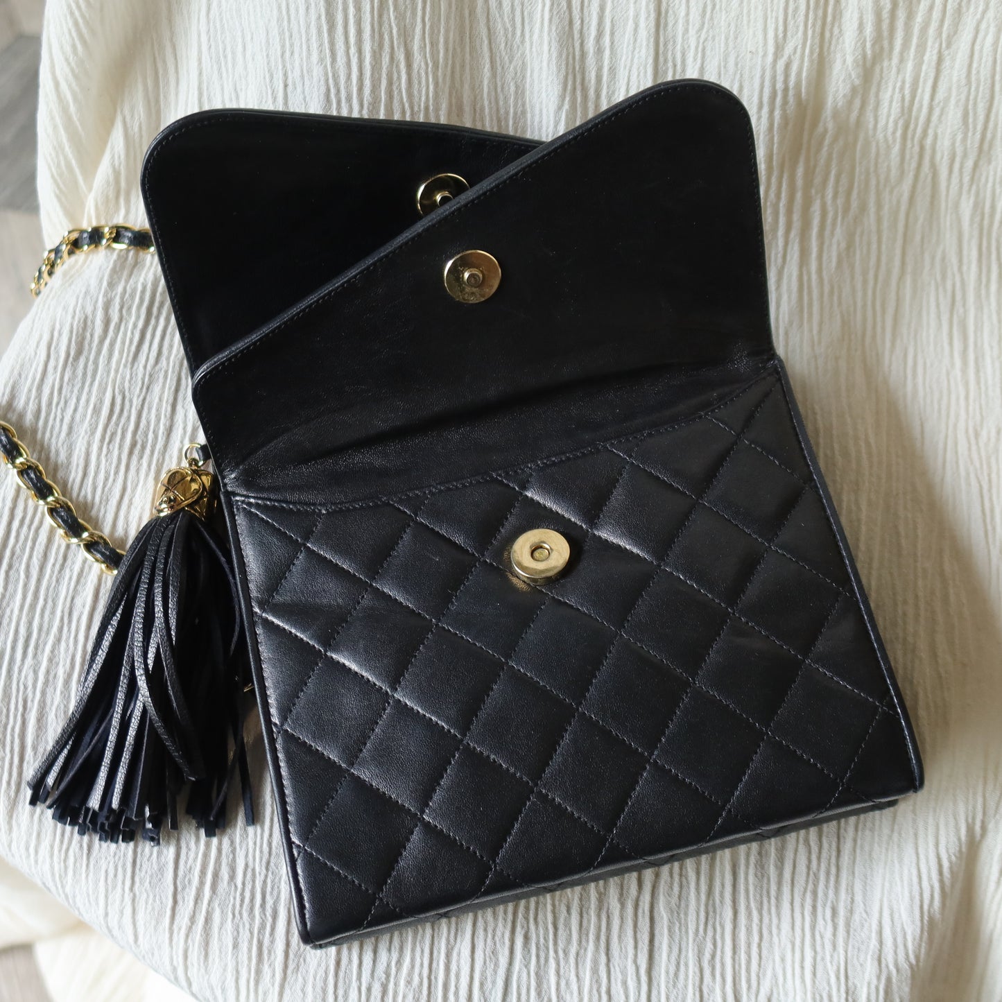 Chanel Vintage Black Lambskin Tassel Asymmetrical Double Flap Bag S