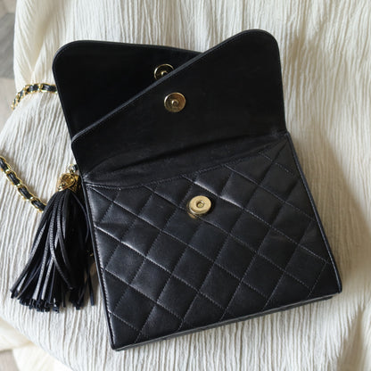 Chanel Vintage Black Lambskin Tassel Asymmetrical Double Flap Bag S