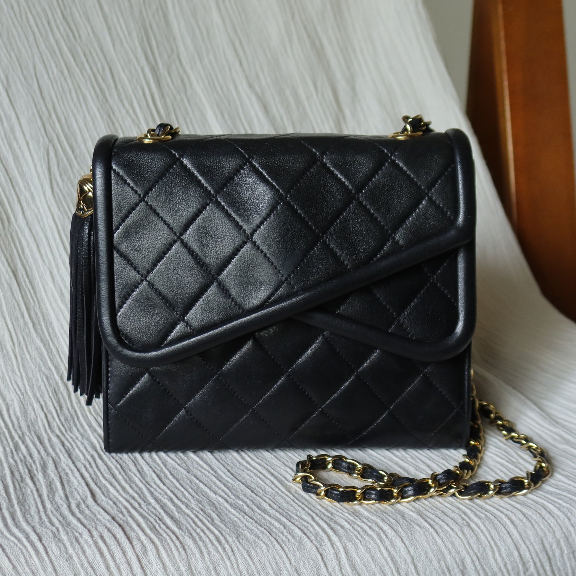 Chanel Vintage Black Lambskin Tassel Asymmetrical Double Flap Bag S