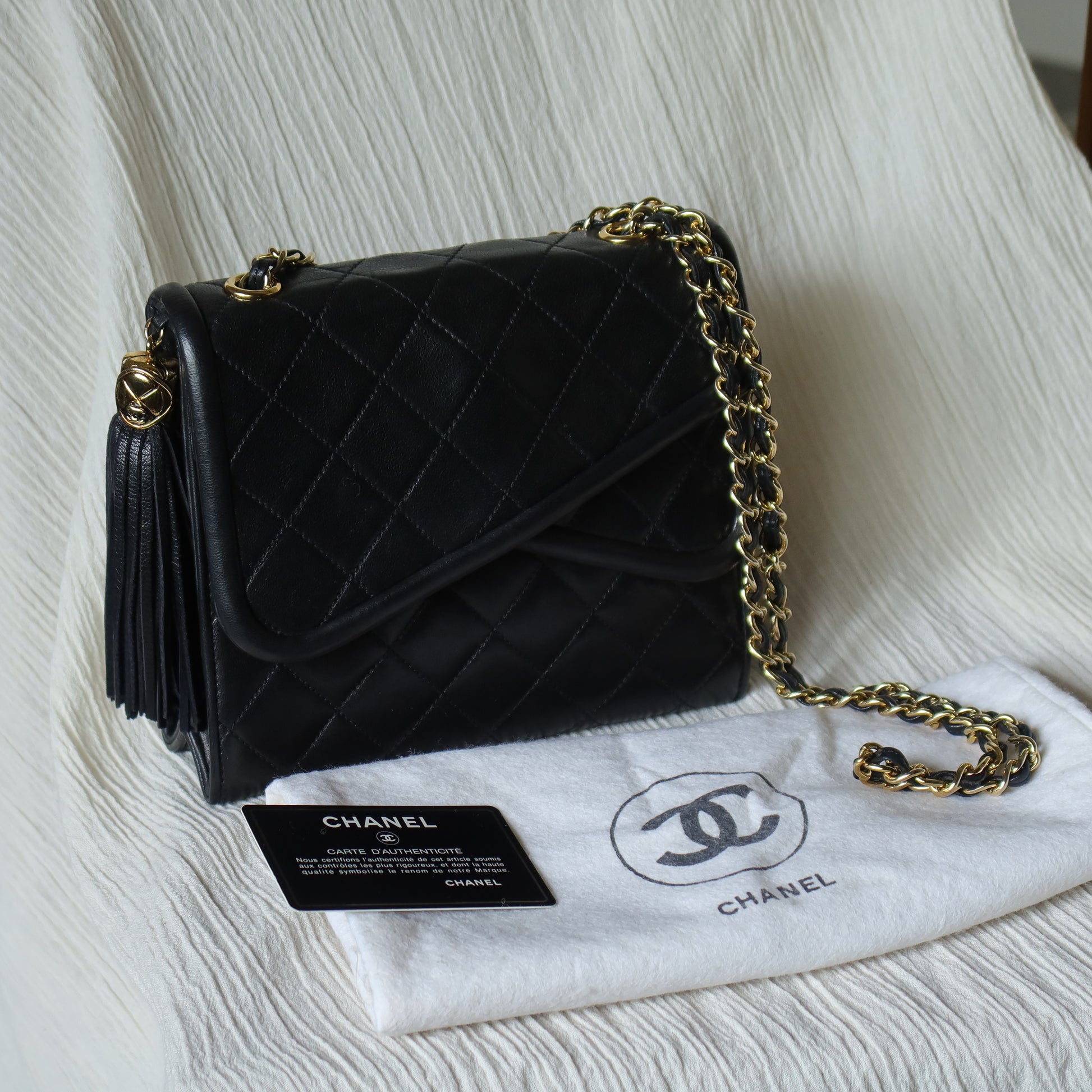 Chanel Vintage Black Lambskin Tassel Asymmetrical Double Flap Bag S