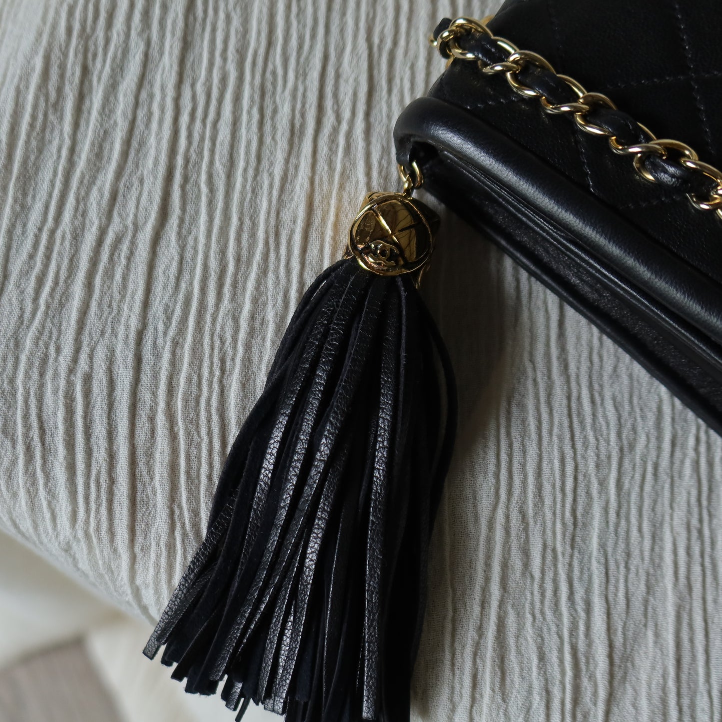 Chanel Vintage Black Lambskin Tassel Asymmetrical Double Flap Bag S