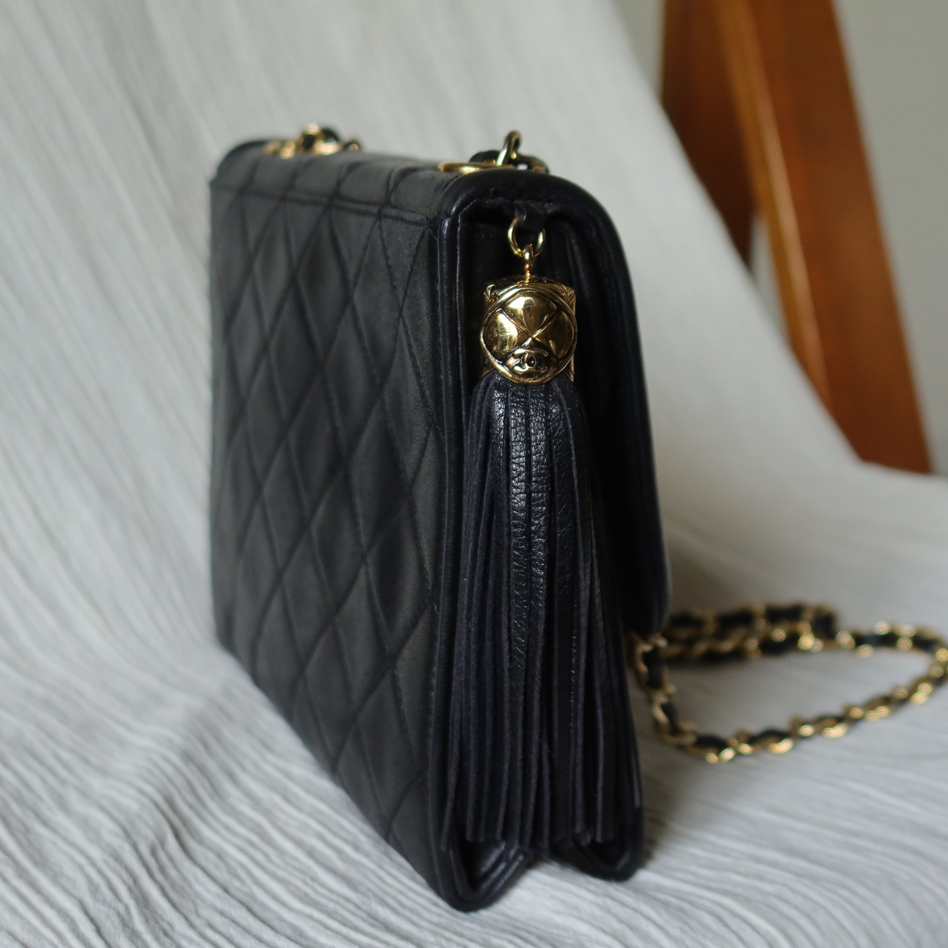 Chanel Vintage Black Lambskin Tassel Asymmetrical Double Flap Bag S