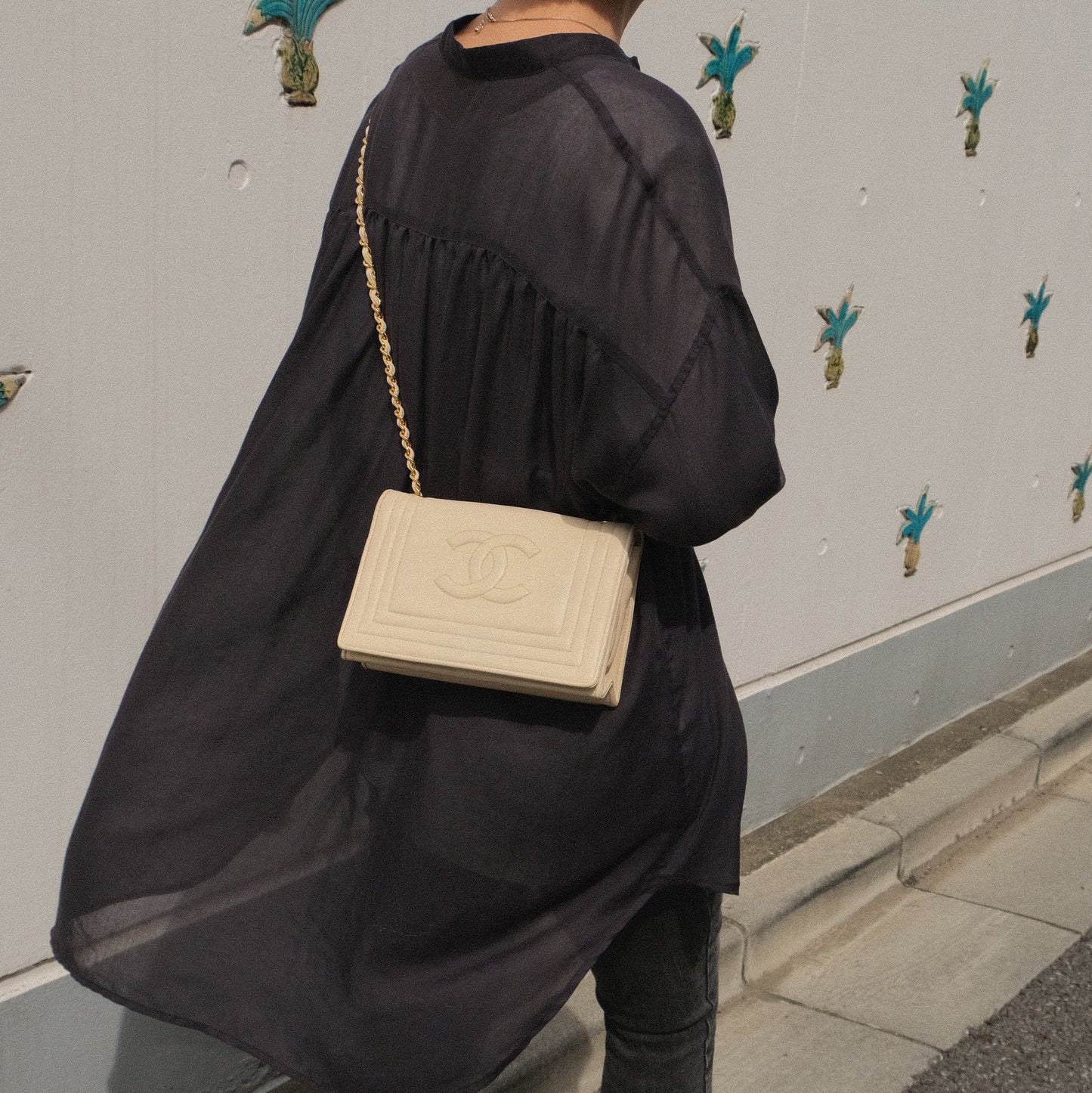 Chanel Vintage Matelasse Quilted Coco mark Light Beige Lambskin Flap Bag