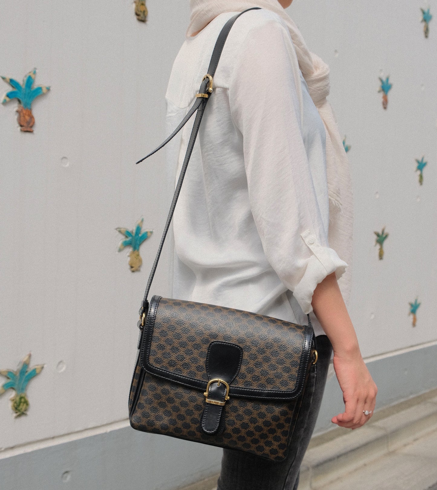 Celine Vintage Black Macadam Triomphe 2way Shoulder Bag