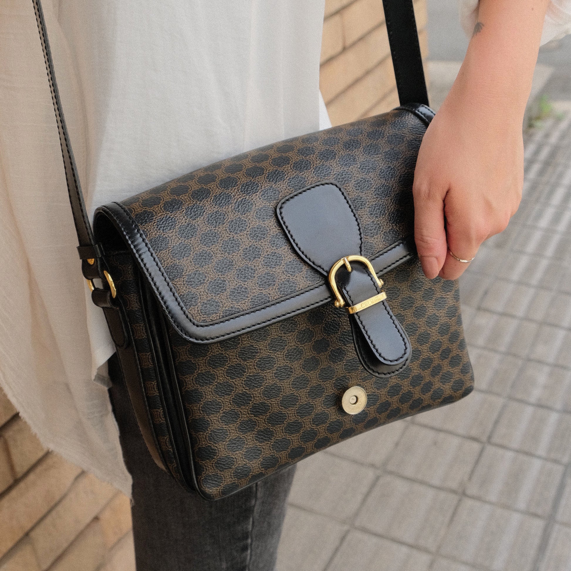Celine Vintage Black Macadam Triomphe 2way Shoulder Bag