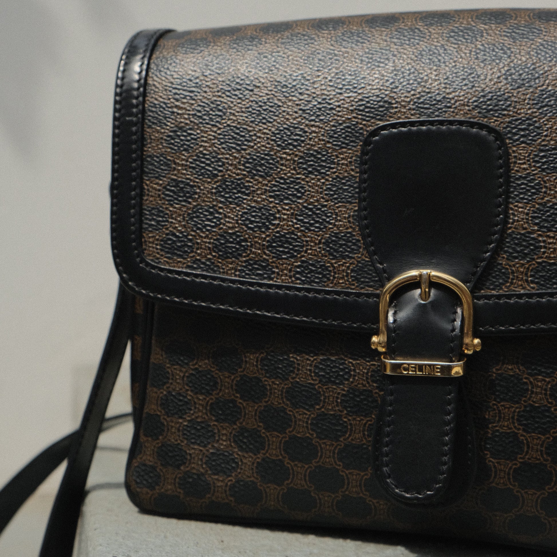 Celine Vintage Black Macadam Triomphe 2way Shoulder Bag