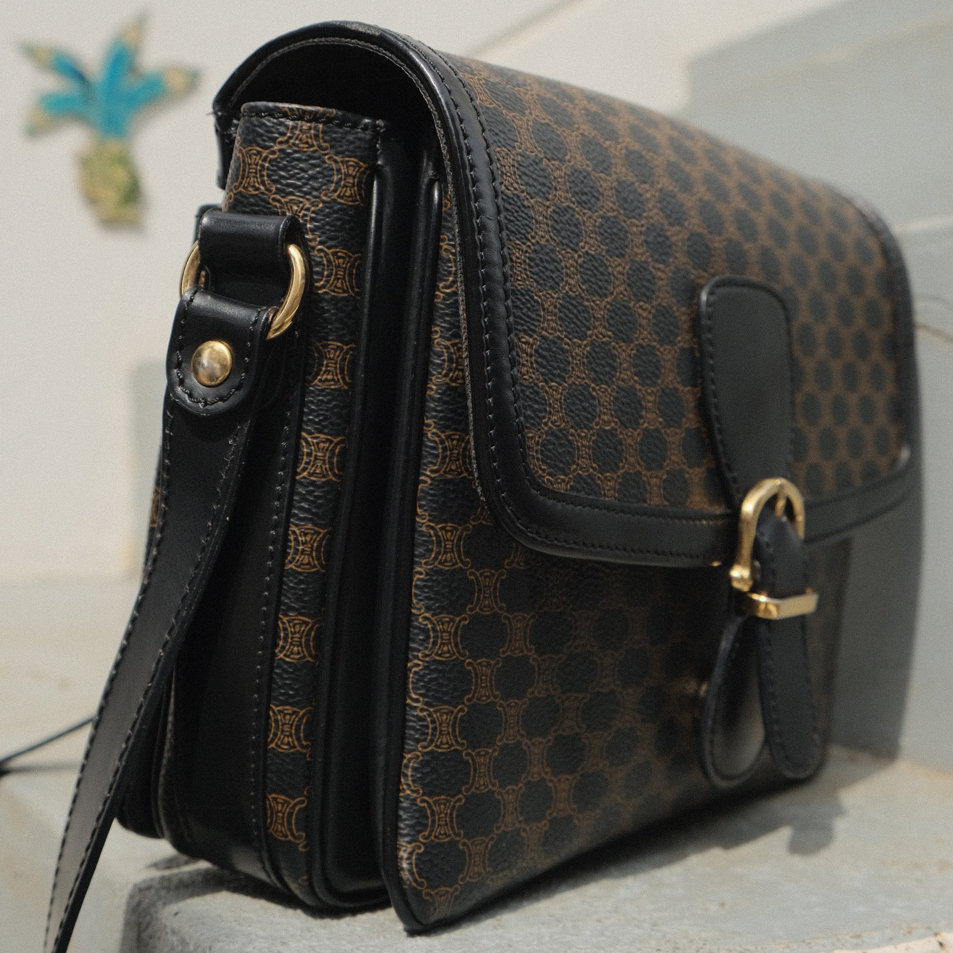 Celine Vintage Black Macadam Triomphe 2way Shoulder Bag