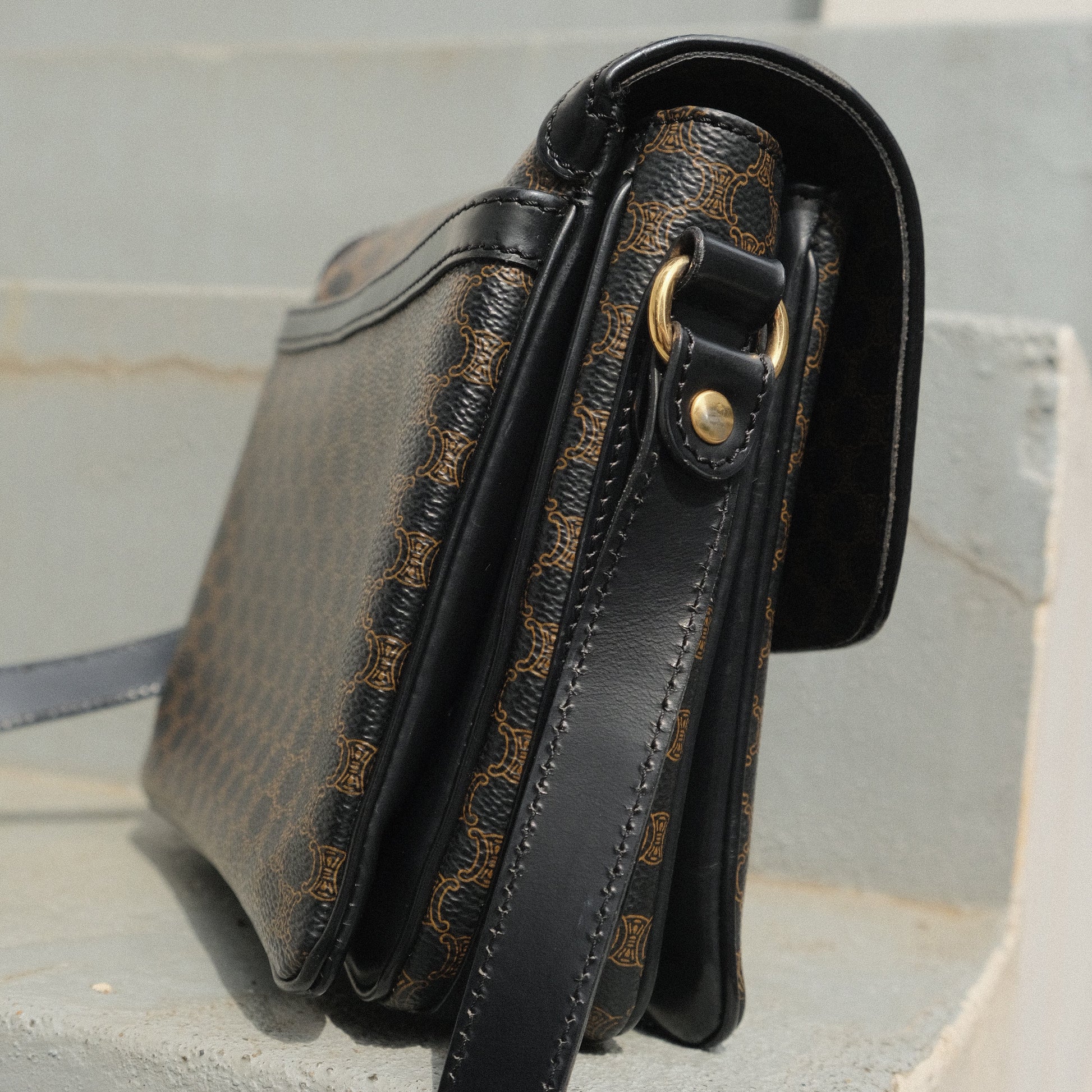 Celine Vintage Black Macadam Triomphe 2way Shoulder Bag