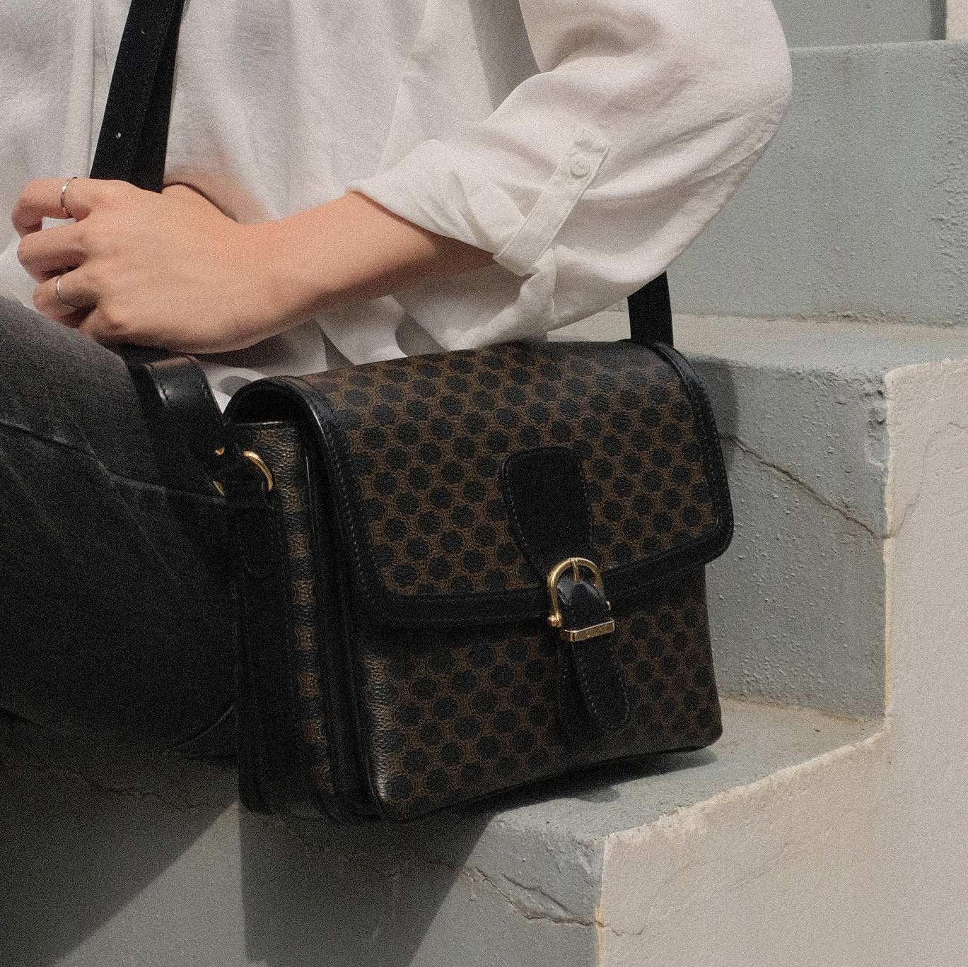 Celine Vintage Black Macadam Triomphe 2way Shoulder Bag