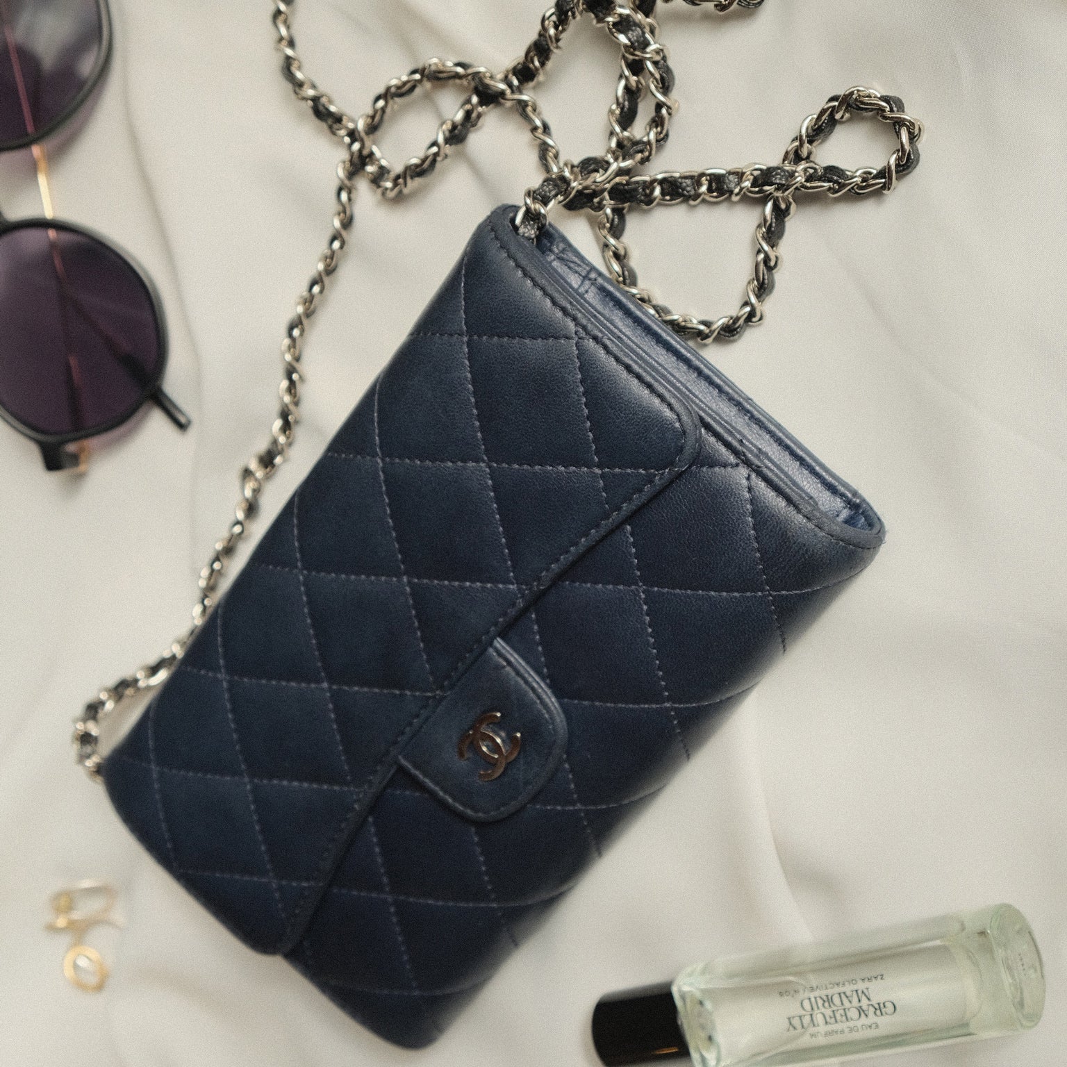 Chanel Wallet On Chain WOC Blue Lambskin Antique Gold Hardware